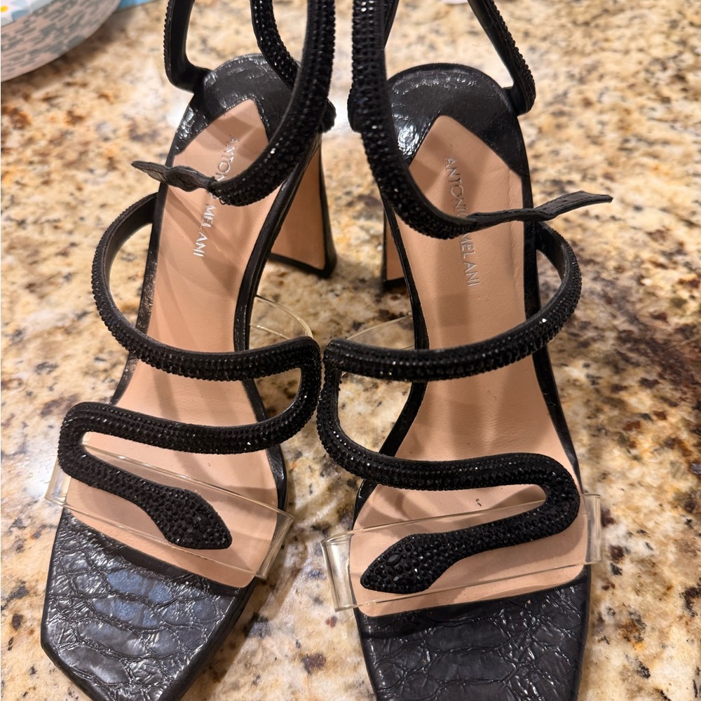 ANTONIO MELANI Black Textured Strappy Heels